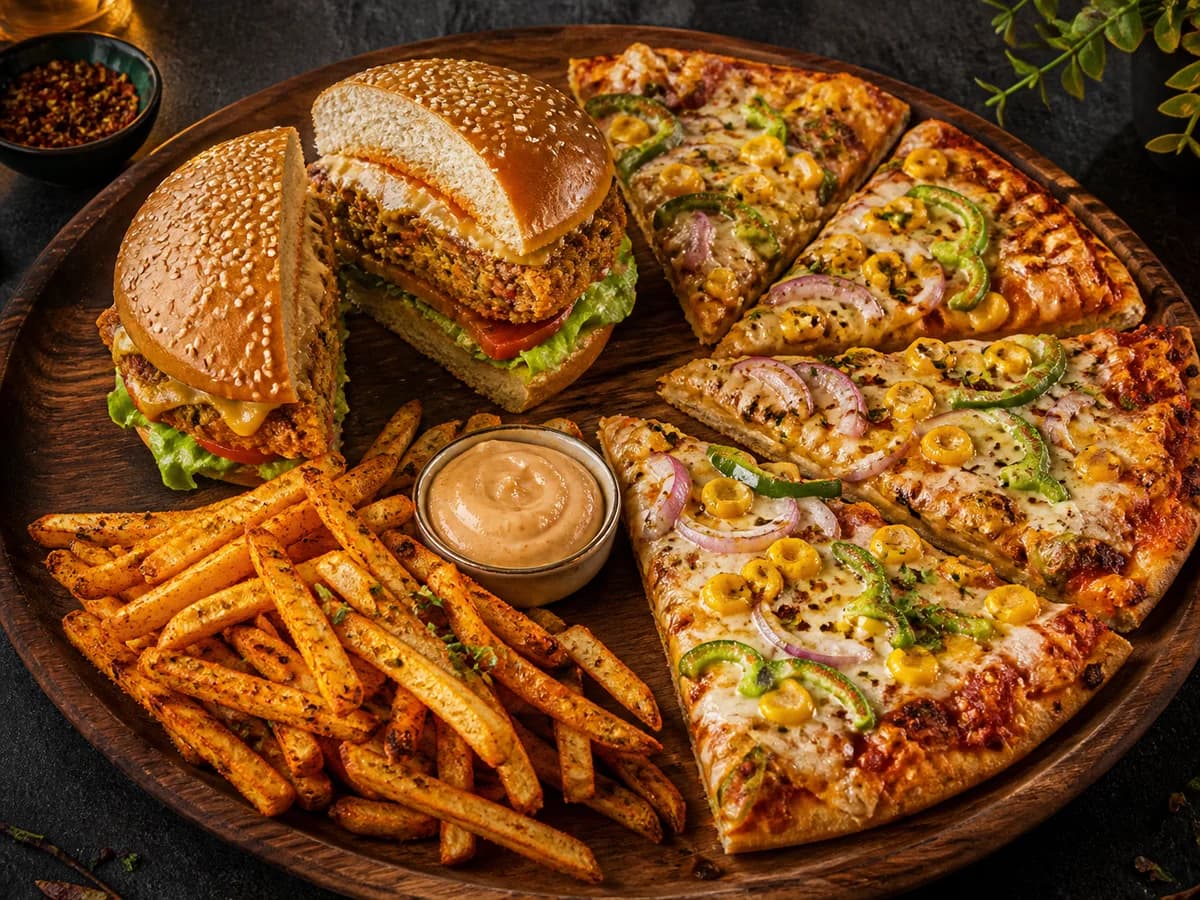 Vegetarian cheeseburger, vegetable pizza slices and peri peri fries on a sharing platter