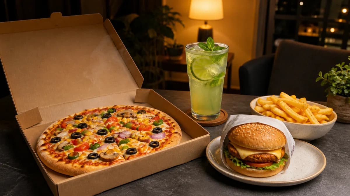 Vegetable pizza, pure veg burger, fries and mint cooler prepared for evening delivery in Noida