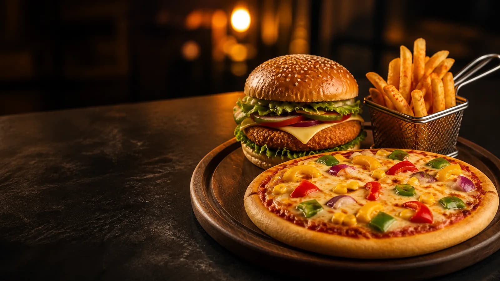 Pure veg burger, vegetable pizza and peri peri fries at Burger Minister in Noida