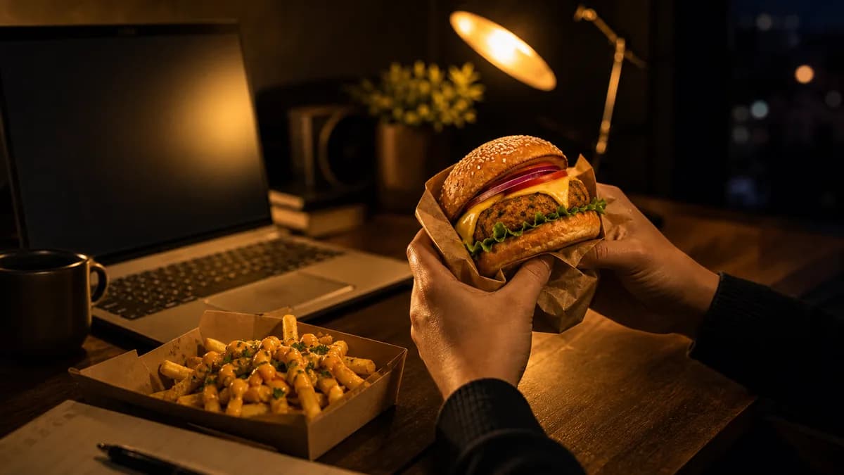 Late night work snack, burger and fries at a desk in Noida