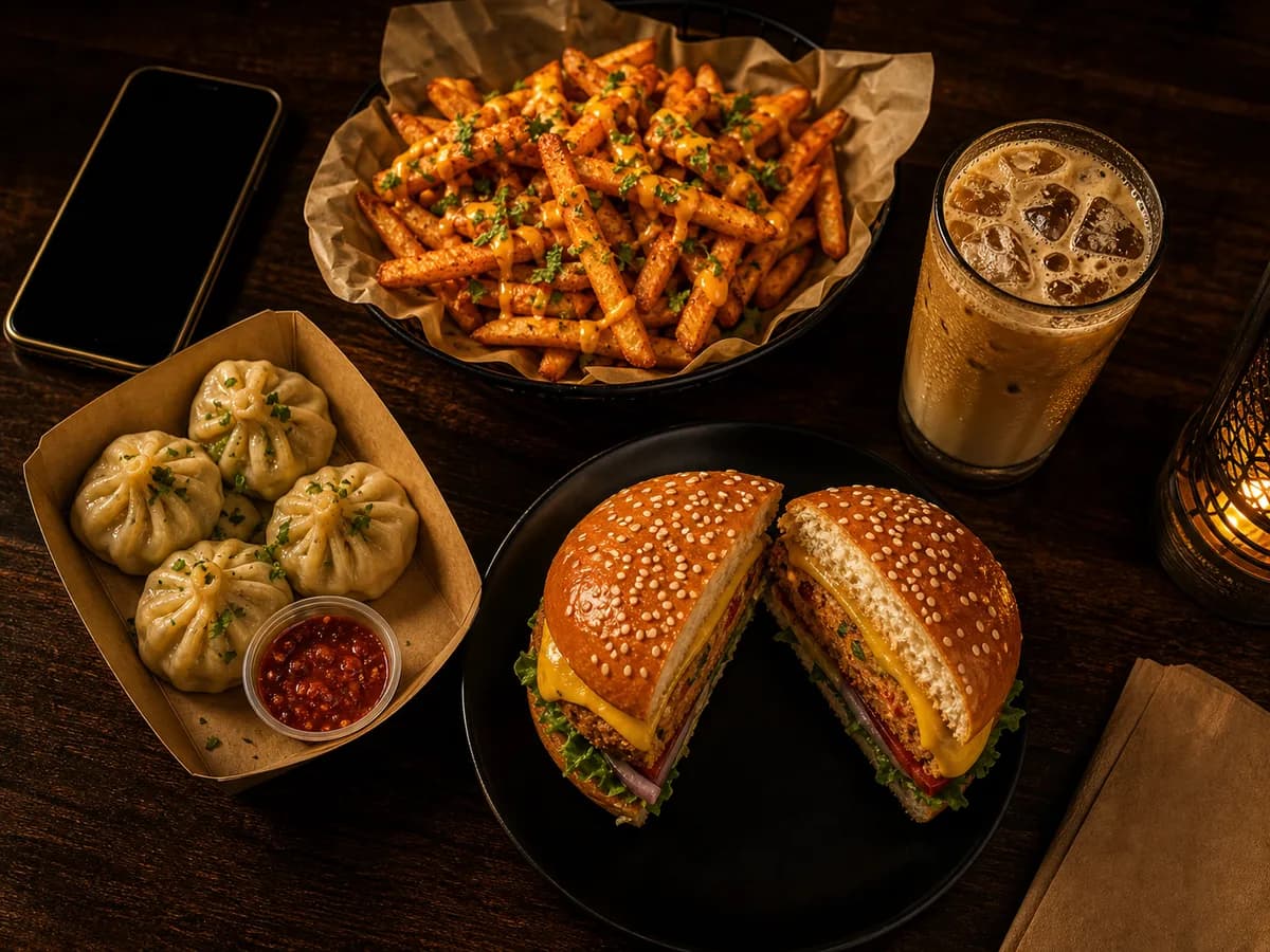 Late night veg food spread, burger, fries, momos and cold coffee in Noida Sector 58