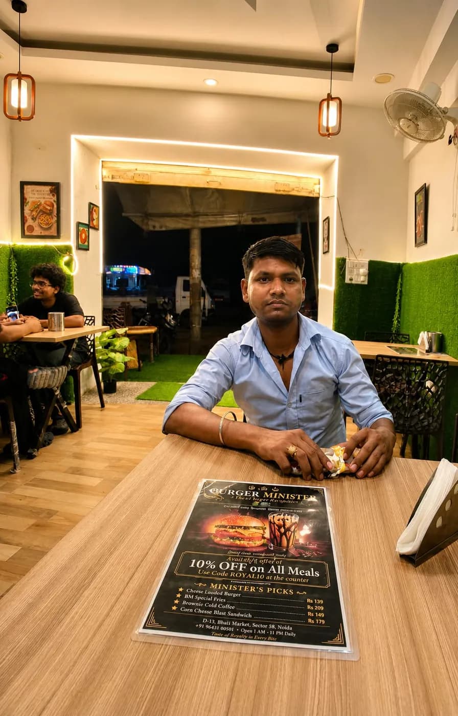 Owner of Burger Minister at the counter, Sector 58 Noida