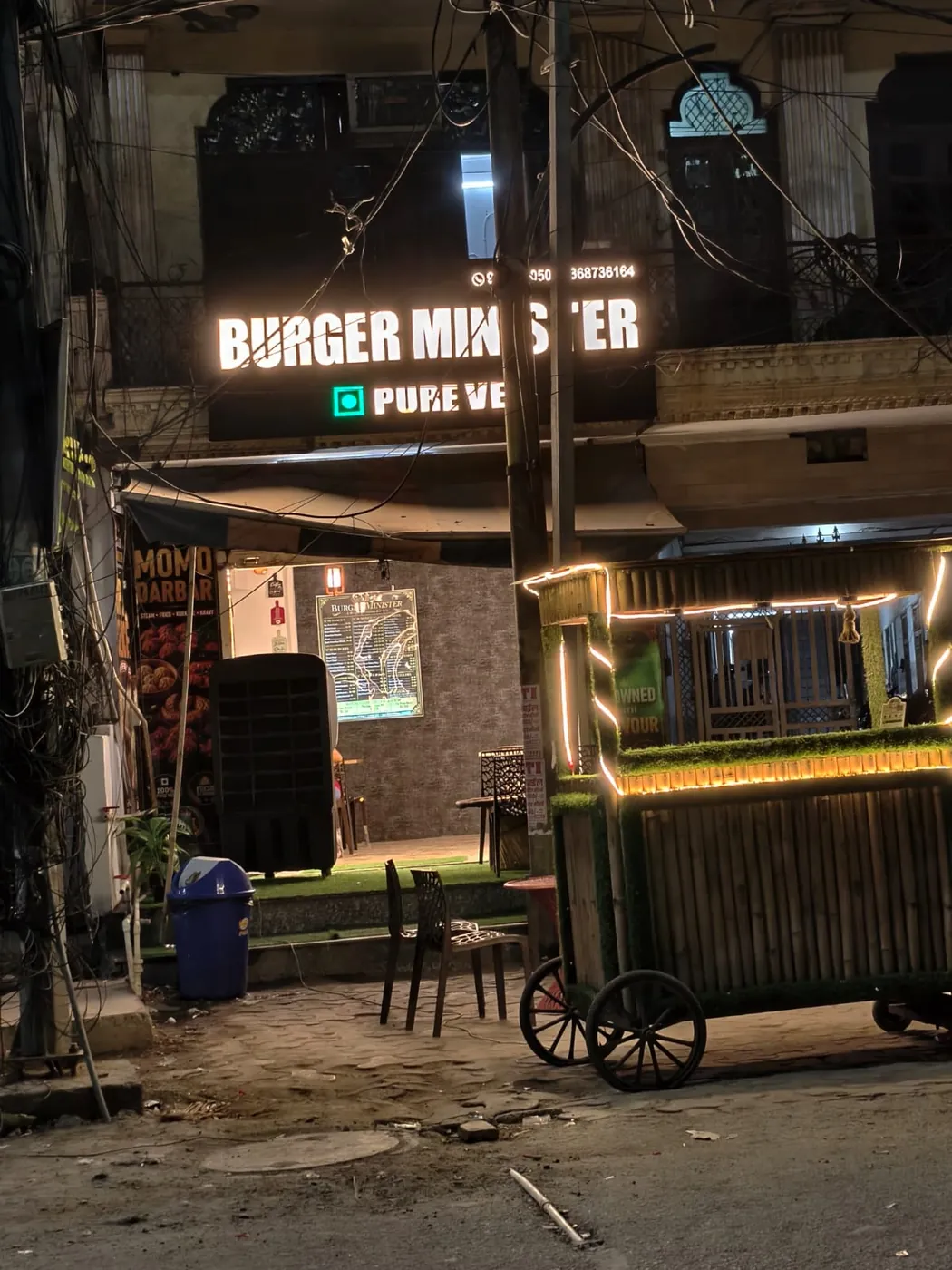Burger Minister storefront at night, D13 Bhaiji Market, Sector 58 Noida