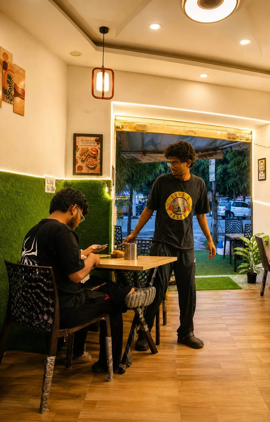 Food served fresh to a table at Burger Minister, Sector 58 Noida